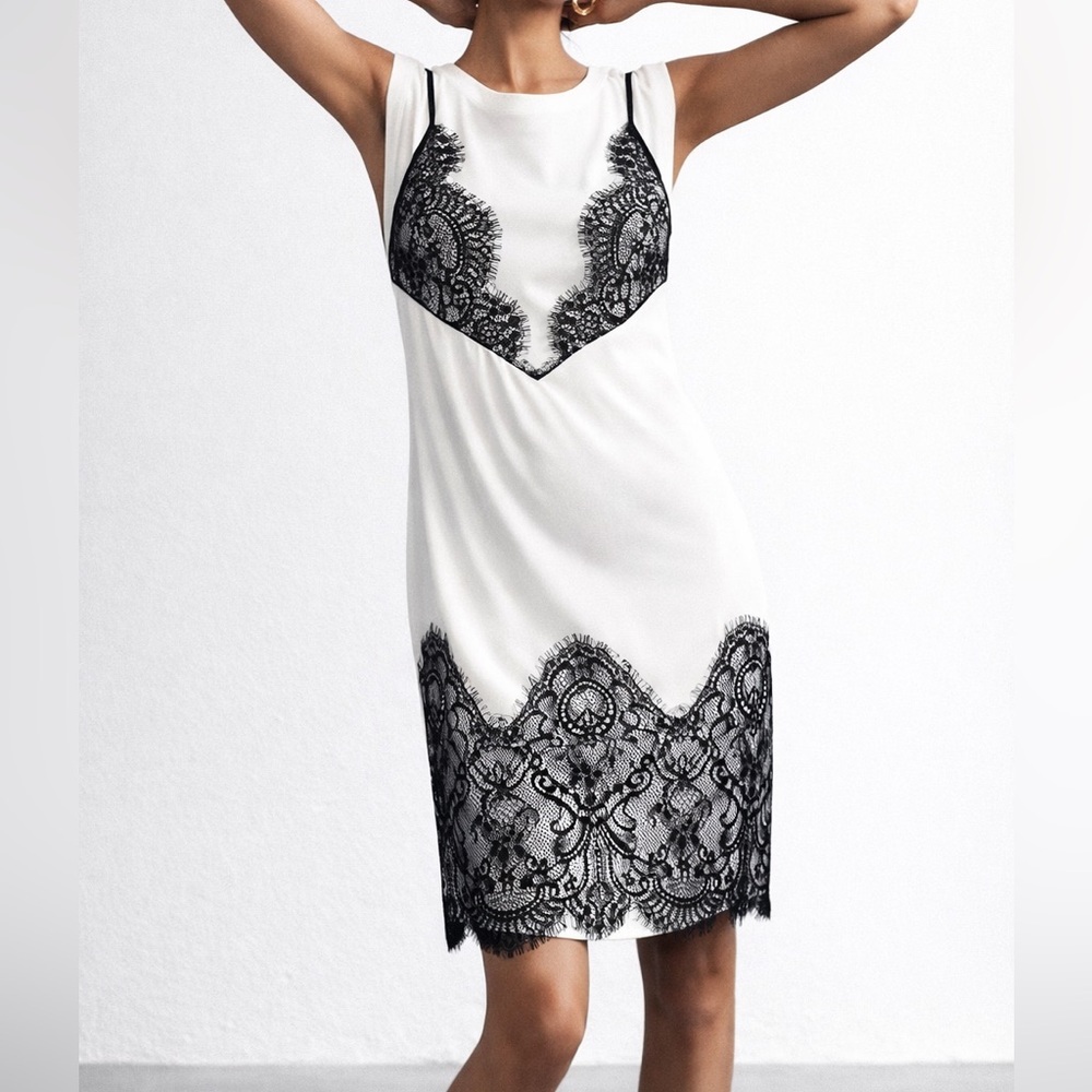 Maeve Anthropologie Lace Trim Layered Slip Dress White Black Contrast